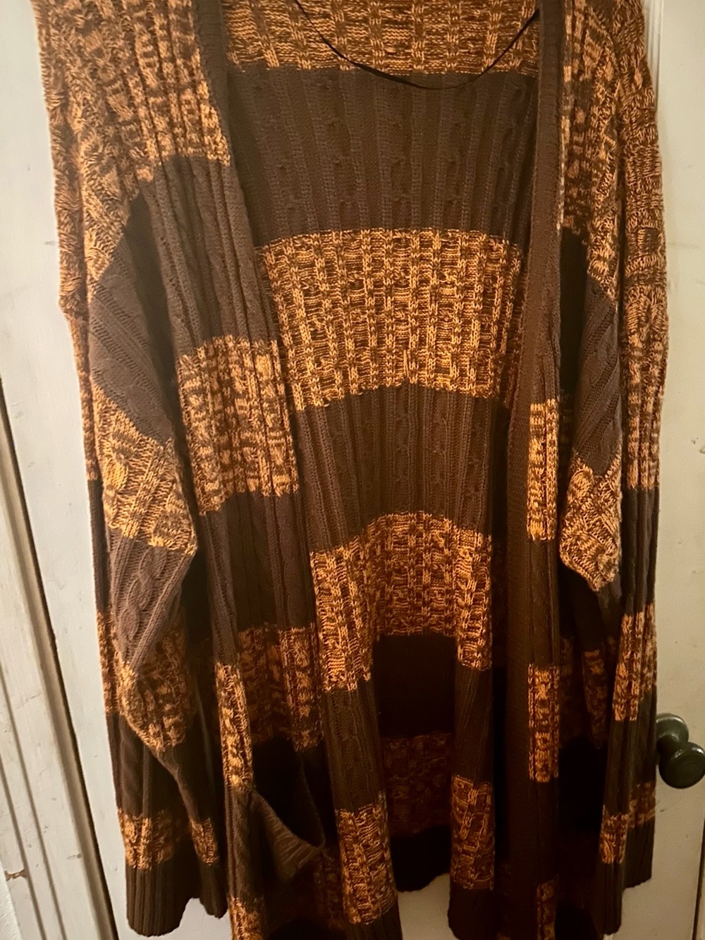 BloomChic Cable-Textured Cardigan in Brown and Mustard
